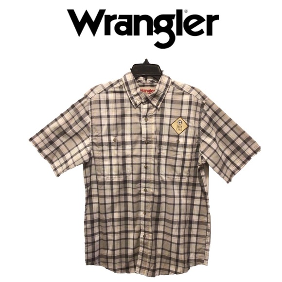 Wrangler Men’s Rugged Wear Gray/Taupe Plaid Short Sleeve Button Up Shirt Size M - Picture 1 of 7